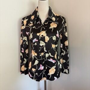 VTG 70s Sue Brett Disco Blouse Black Satin Floral Hummingbird Dagger Collar M